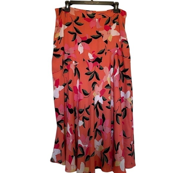 Liz Claiborne Floral Midi Skirt Coral Pink Tropical Print A-Line Size 12 - Picture 2 of 6